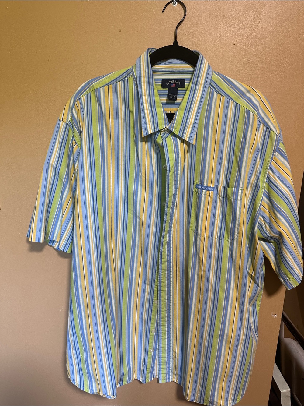 U.S. Polo Assn. Men's Short-Sleeve Striped Button-Up Shirt - Blue/Yellow/Green